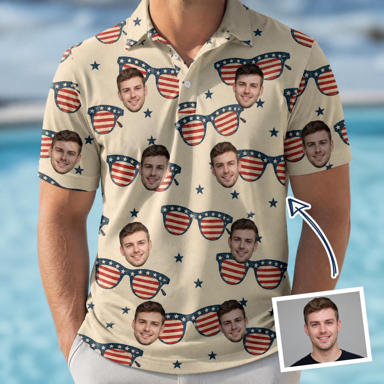 Man wearing Men's Indie Optics Custom Face Polo Shirt — custom faces printed all-over