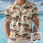 Man wearing Men's Indie Optics Custom Face Polo Shirt — custom faces printed all-over