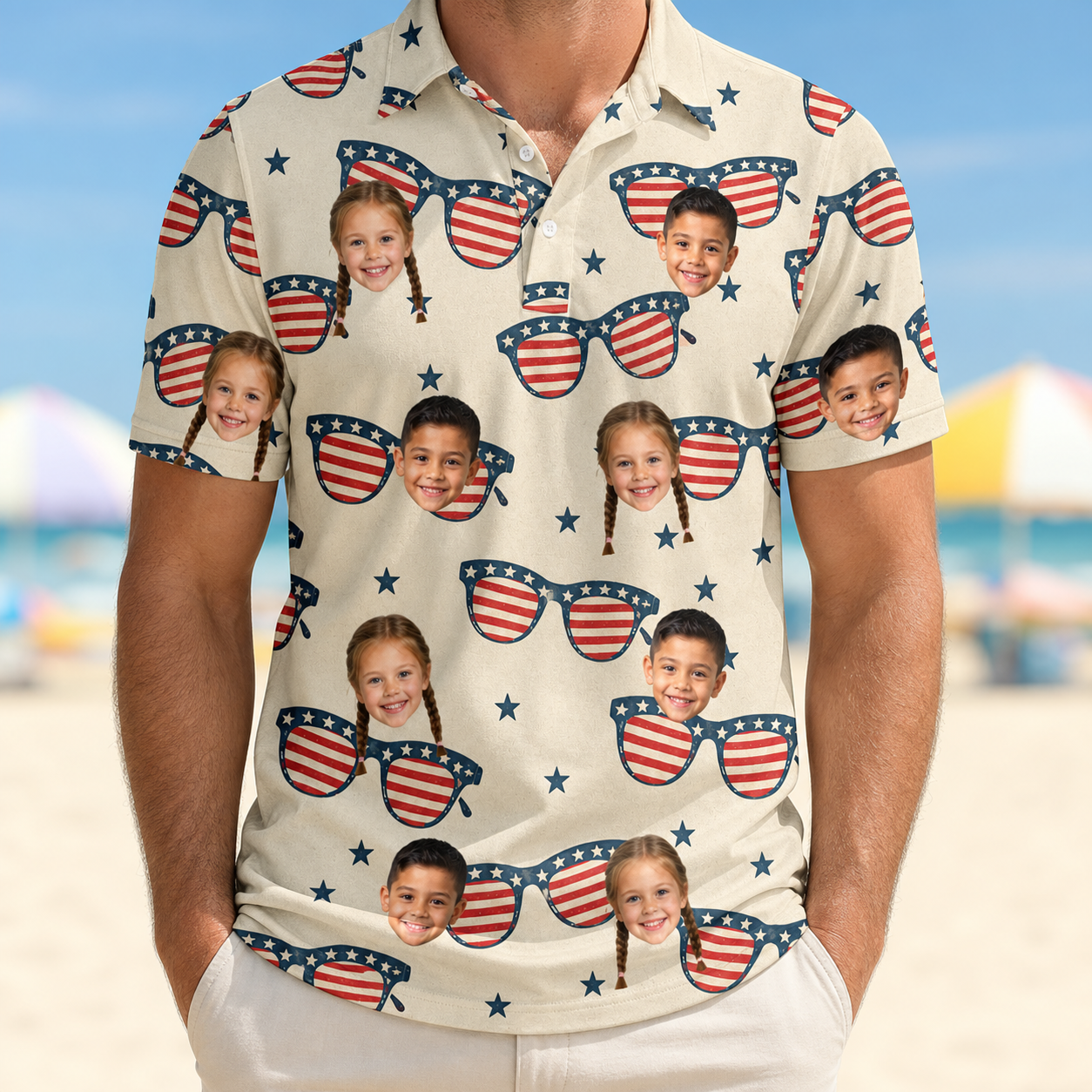 Model wearing Men's Indie Optics Custom Face Polo Shirt printed with kids' faces