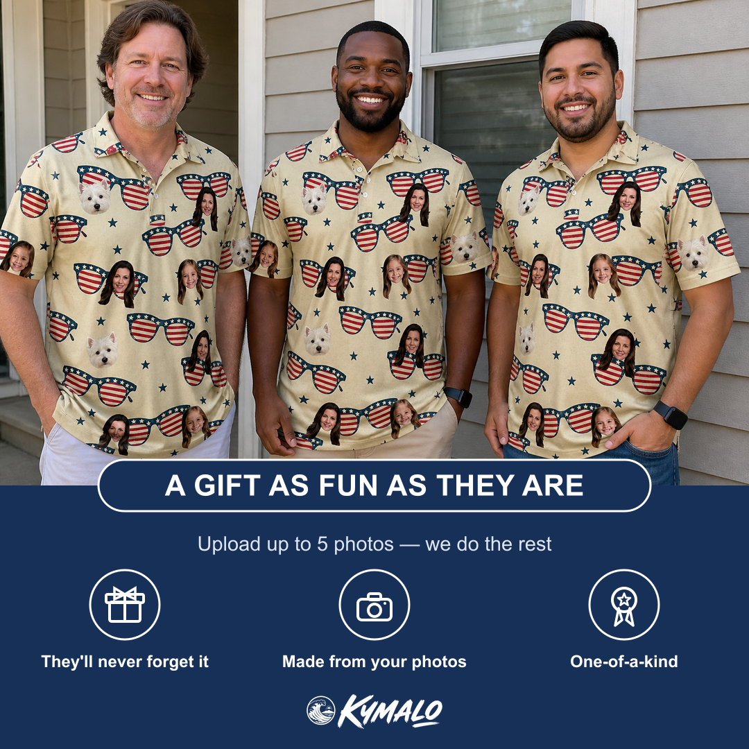 Friends in matching Men's Indie Optics Custom Face Polo Shirt — a group gift photo