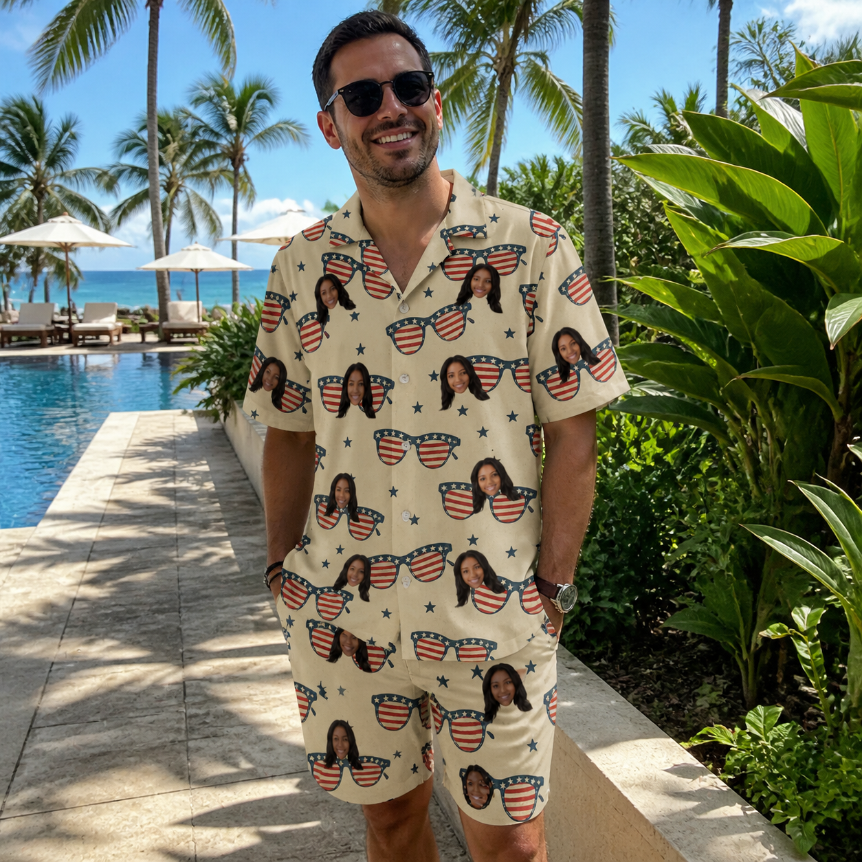 Real-life photo of someone wearing Men's Indie Optics Custom Face Shirt & Shorts Set — custom faces printed all-over