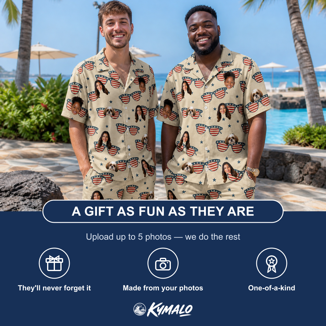 Friends in matching Men's Indie Optics Custom Face Shirt & Shorts Set — a group gift photo