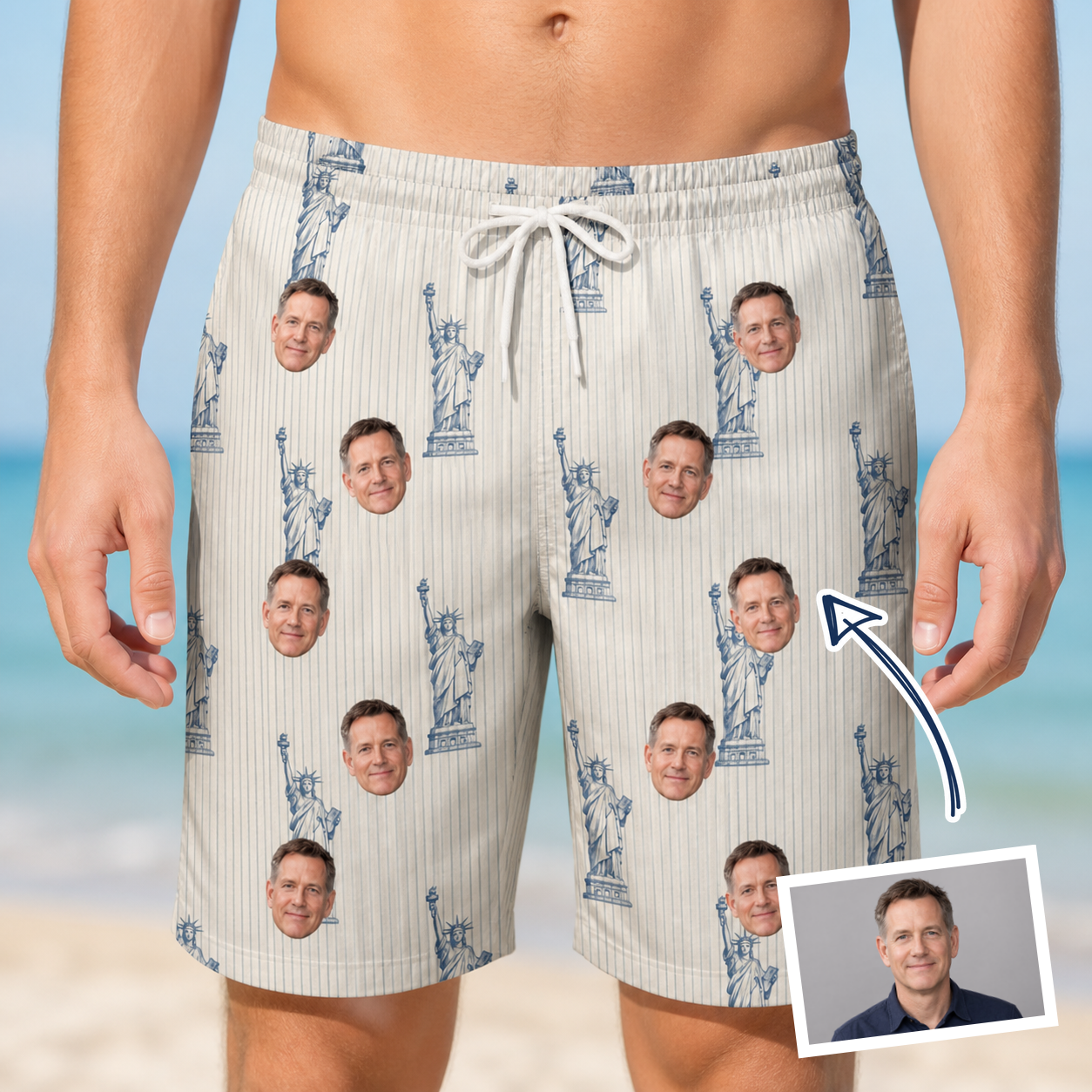 Man wearing Men's Harbor Halo Custom Face Beach Shorts — custom faces printed all-over