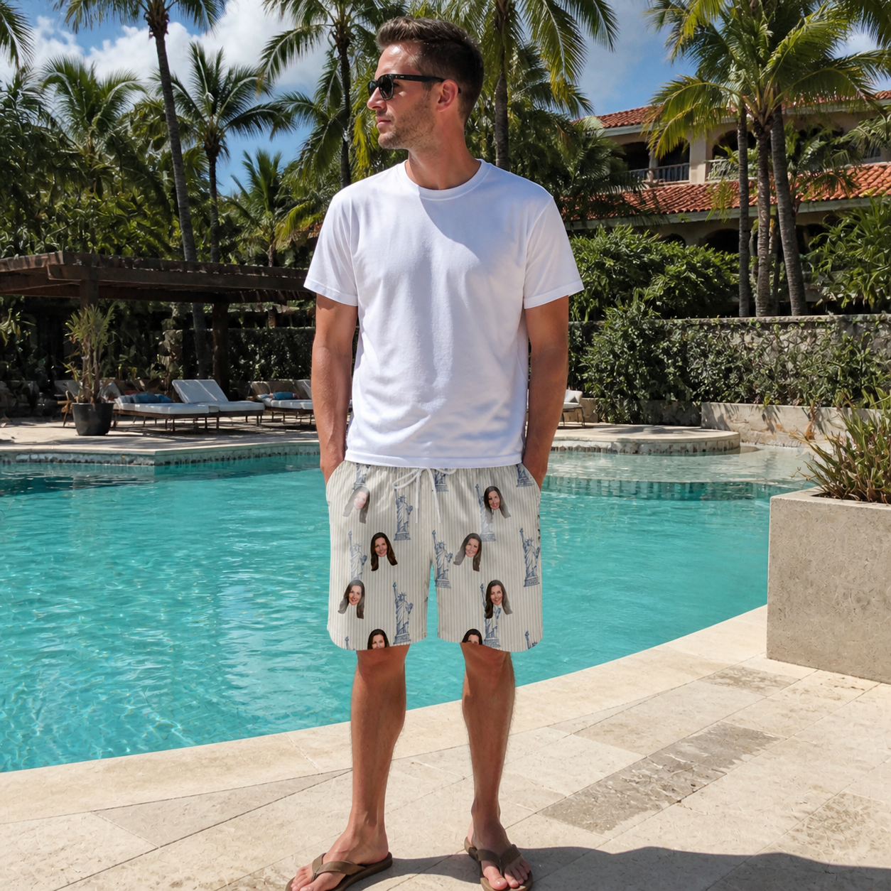 Real-life photo of someone wearing Men's Harbor Halo Custom Face Beach Shorts — custom faces printed all-over