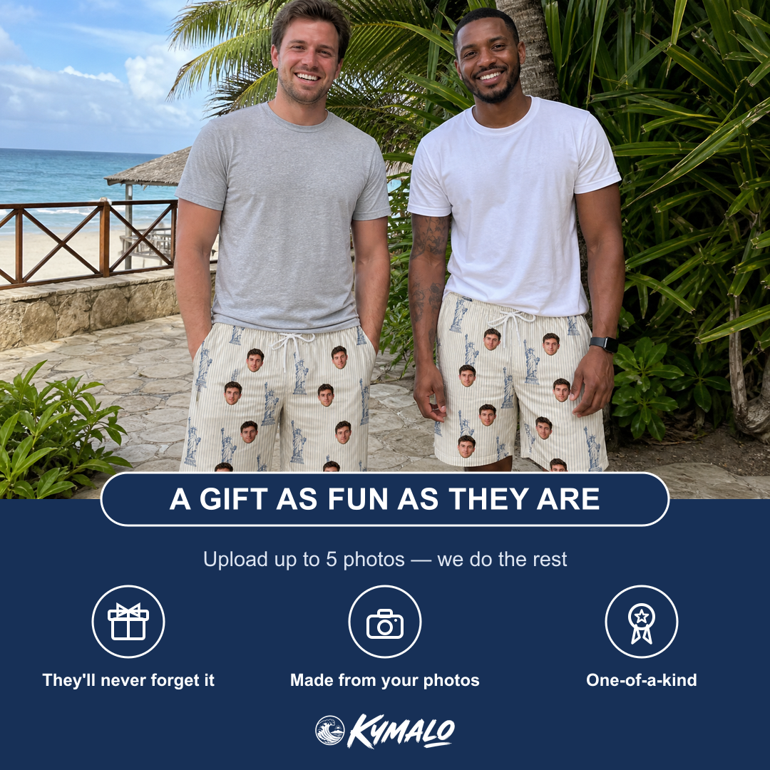 Friends in matching Men's Harbor Halo Custom Face Beach Shorts — a group gift photo