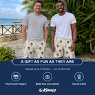 Friends in matching Men's Harbor Halo Custom Face Beach Shorts — a group gift photo