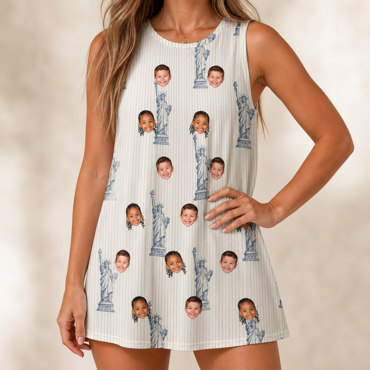 Model wearing Women's Harbor Halo Custom Face Tank Dress printed with kids' faces