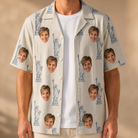 Man wearing Men's Harbor Halo Custom Face Hawaiian Shirt open over a white tee