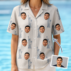 Woman wearing Women's Harbor Halo Custom Face Hawaiian Shirt — custom faces printed all-over