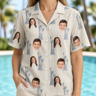 Model wearing Women's Harbor Halo Custom Face Hawaiian Shirt printed with kids' faces