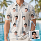 Man wearing Men's Harbor Halo Custom Face Polo Shirt — custom faces printed all-over