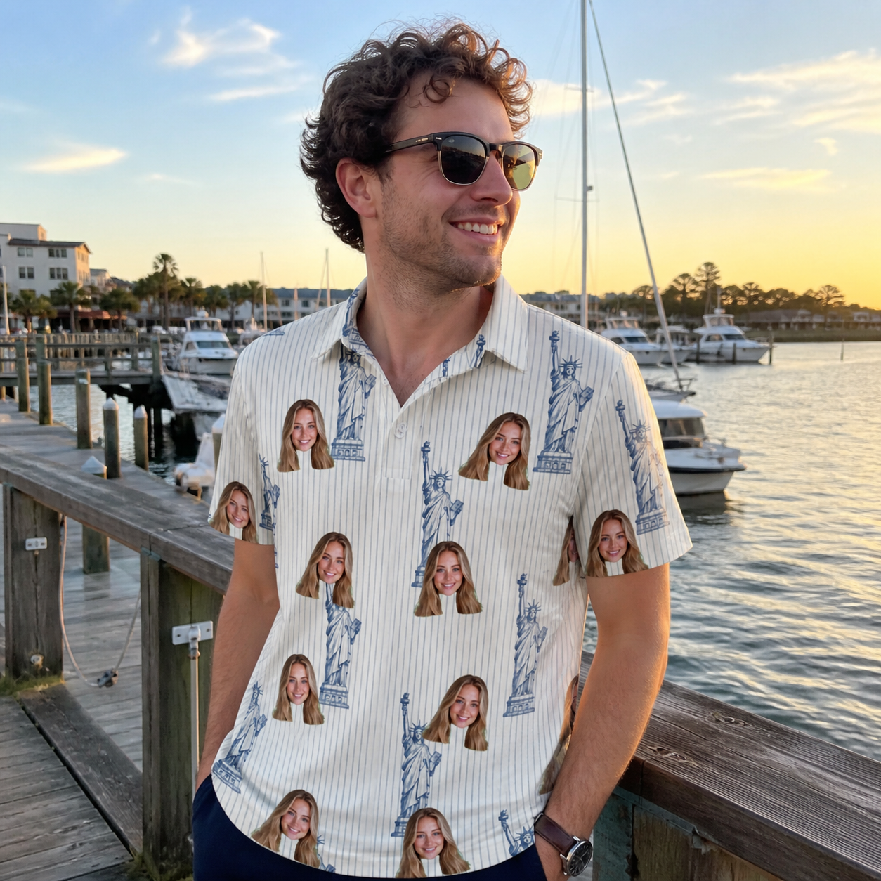 Real-life photo of someone wearing Men's Harbor Halo Custom Face Polo Shirt — custom faces printed all-over