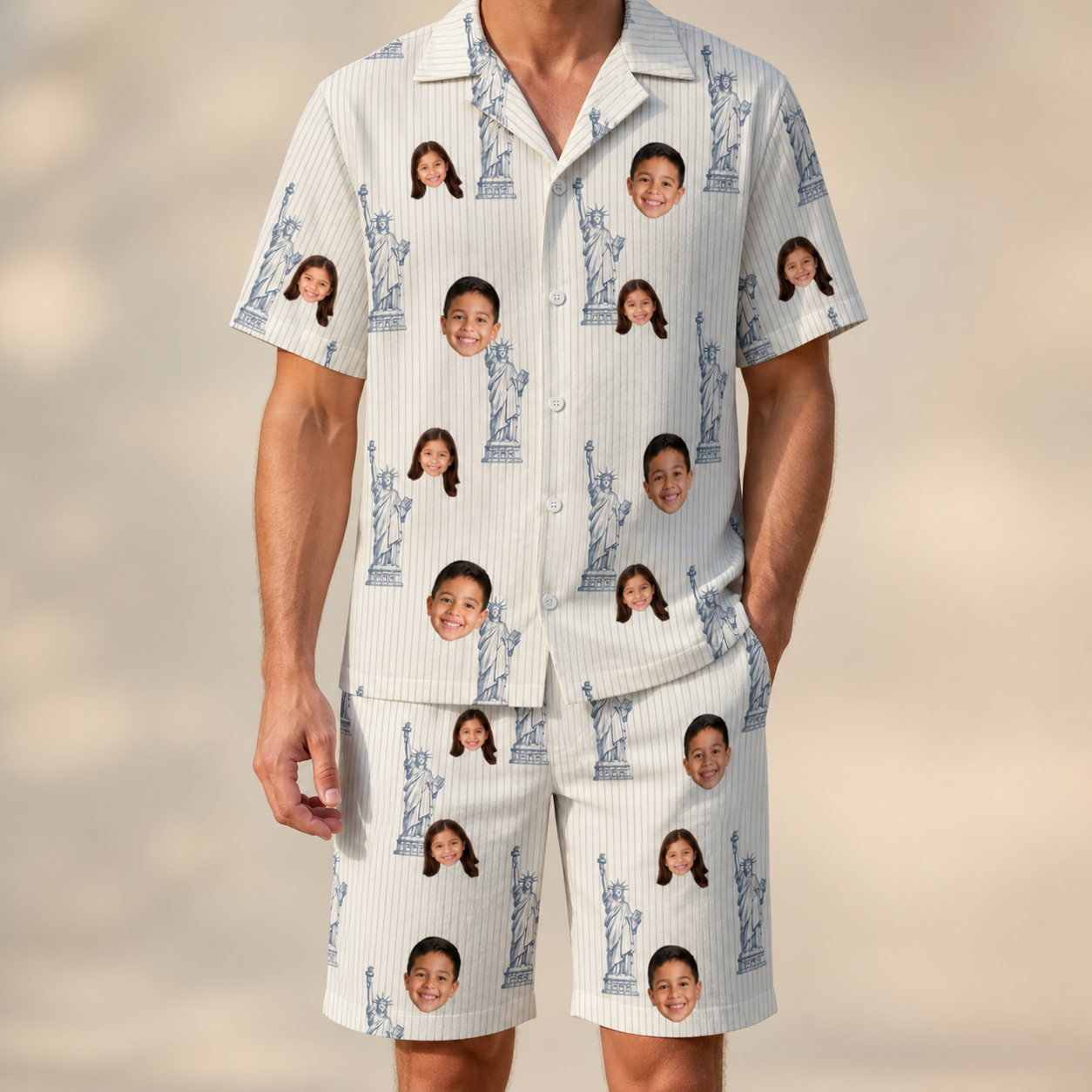 Model wearing Men's Harbor Halo Custom Face Shirt & Shorts Set printed with kids' faces