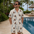 Real-life photo of someone wearing Men's Harbor Halo Custom Face Shirt & Shorts Set — custom faces printed all-over