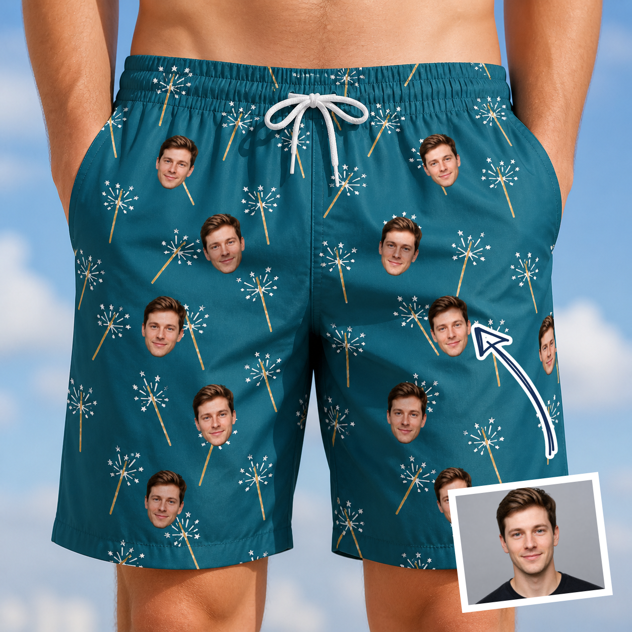 Man wearing Men's Continental Crackle Custom Face Beach Shorts — custom faces printed all-over