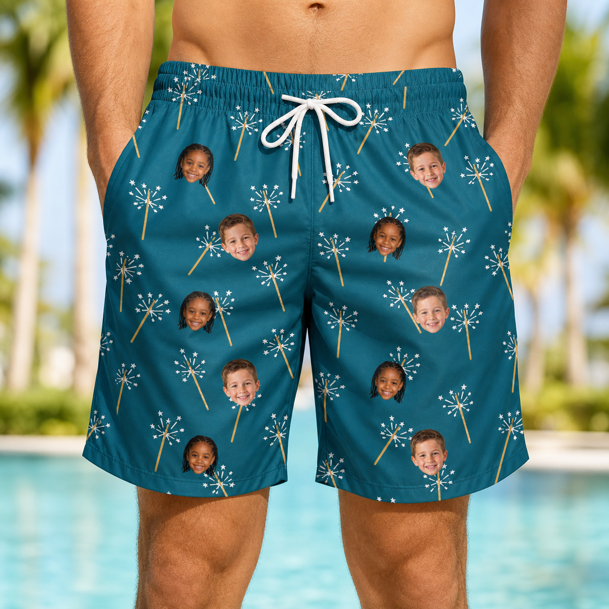 Model wearing Men's Continental Crackle Custom Face Beach Shorts printed with kids' faces
