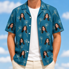 Man wearing Men's Continental Crackle Custom Face Hawaiian Shirt open over a white tee