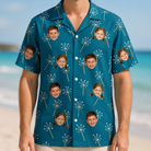 Model wearing Men's Continental Crackle Custom Face Hawaiian Shirt printed with kids' faces