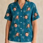 Model wearing Women's Continental Crackle Custom Face Hawaiian Shirt printed with kids' faces
