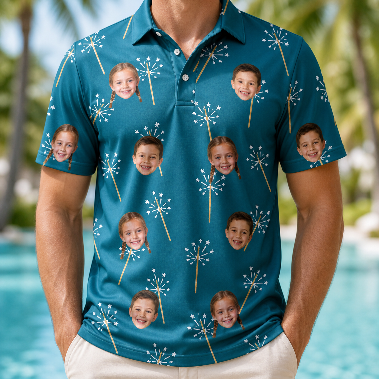 Model wearing Men's Continental Crackle Custom Face Polo Shirt printed with kids' faces