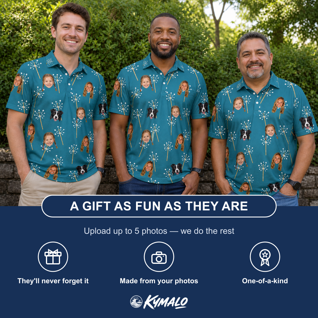 Friends in matching Men's Continental Crackle Custom Face Polo Shirt — a group gift photo