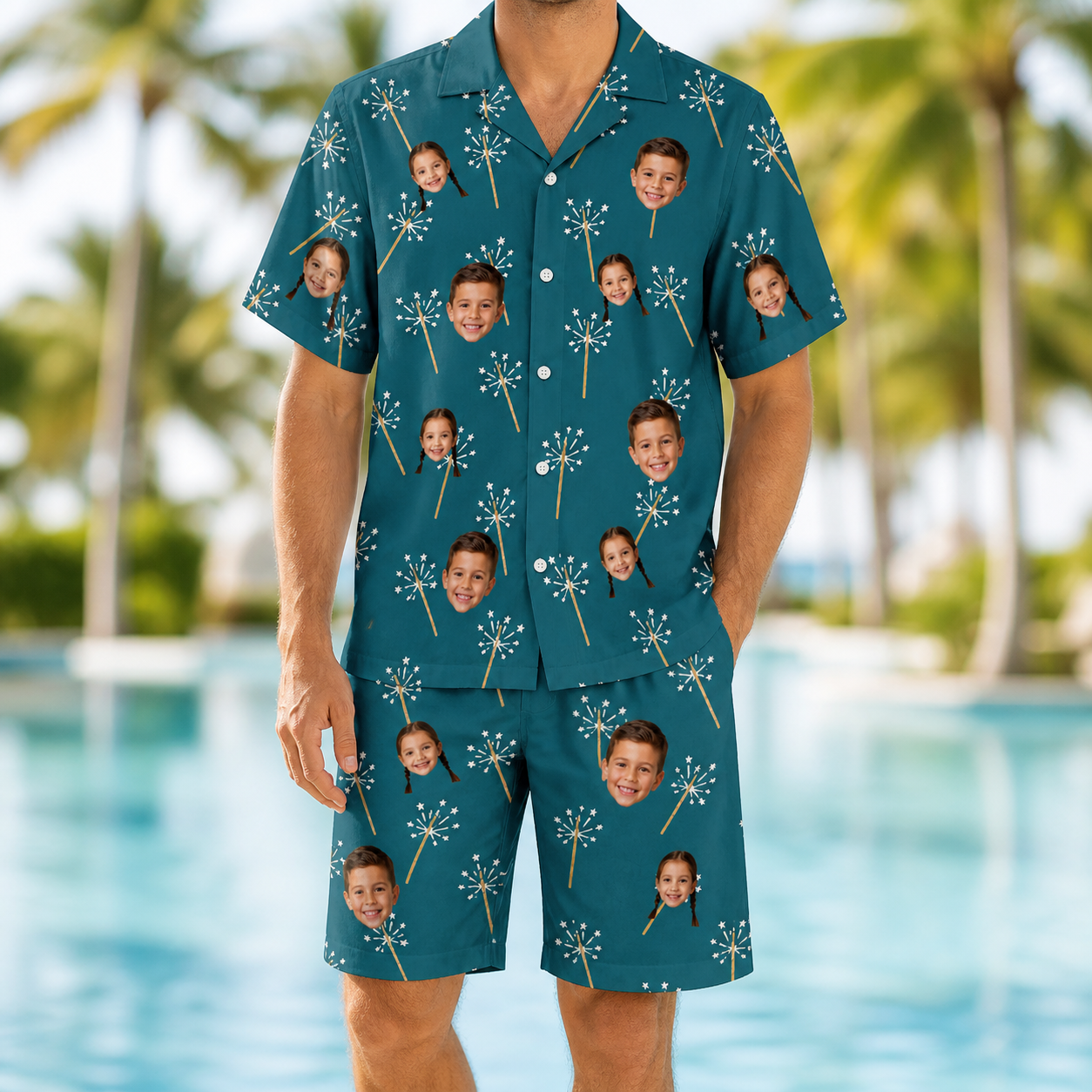 Model wearing Men's Continental Crackle Custom Face Shirt & Shorts Set printed with kids' faces