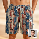 Man wearing Men's Copper Colossus Custom Face Beach Shorts — custom faces printed all-over