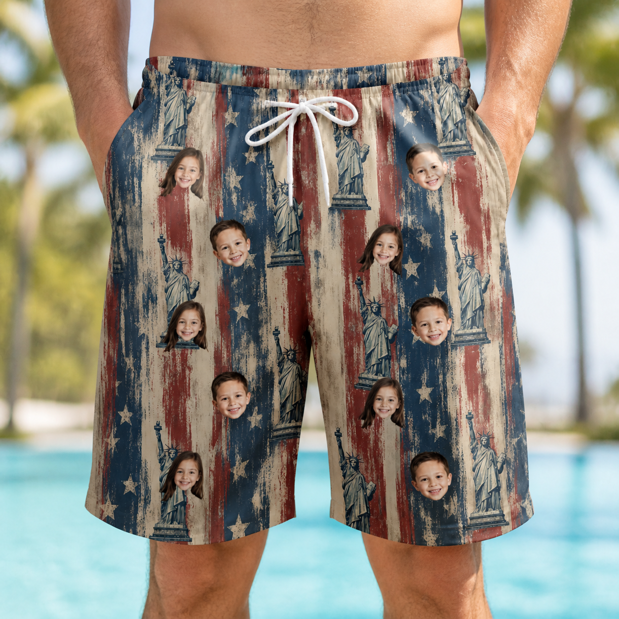 Model wearing Men's Copper Colossus Custom Face Beach Shorts printed with kids' faces