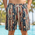 Model wearing Men's Copper Colossus Custom Face Beach Shorts printed with kids' faces