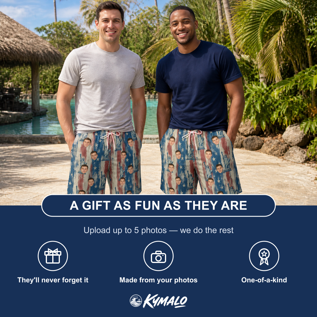 Friends in matching Men's Copper Colossus Custom Face Beach Shorts — a group gift photo