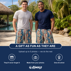 Friends in matching Men's Copper Colossus Custom Face Beach Shorts — a group gift photo
