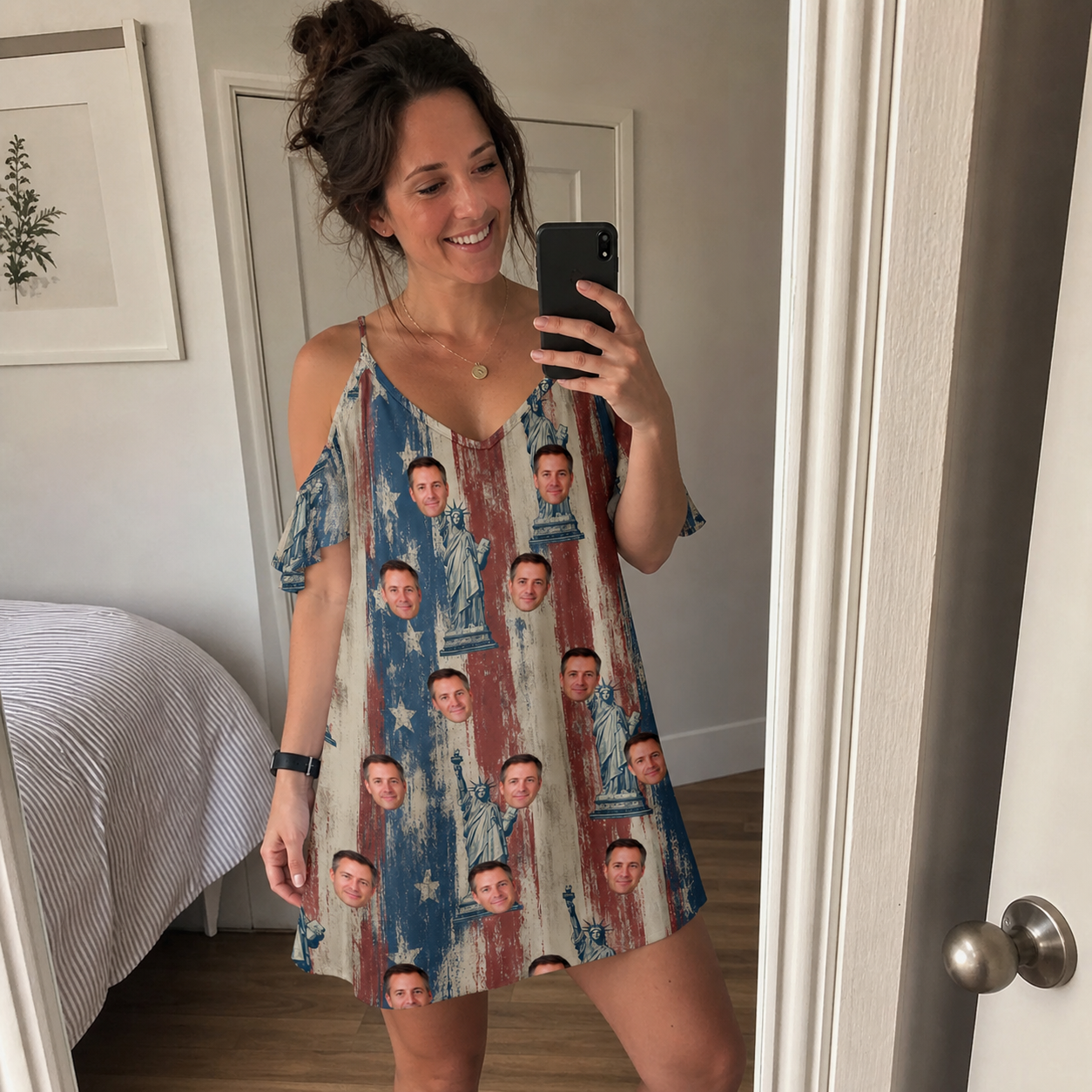 Real-life photo of someone wearing Women's Copper Colossus Custom Face Off-Shoulder Dress — custom faces printed all-over