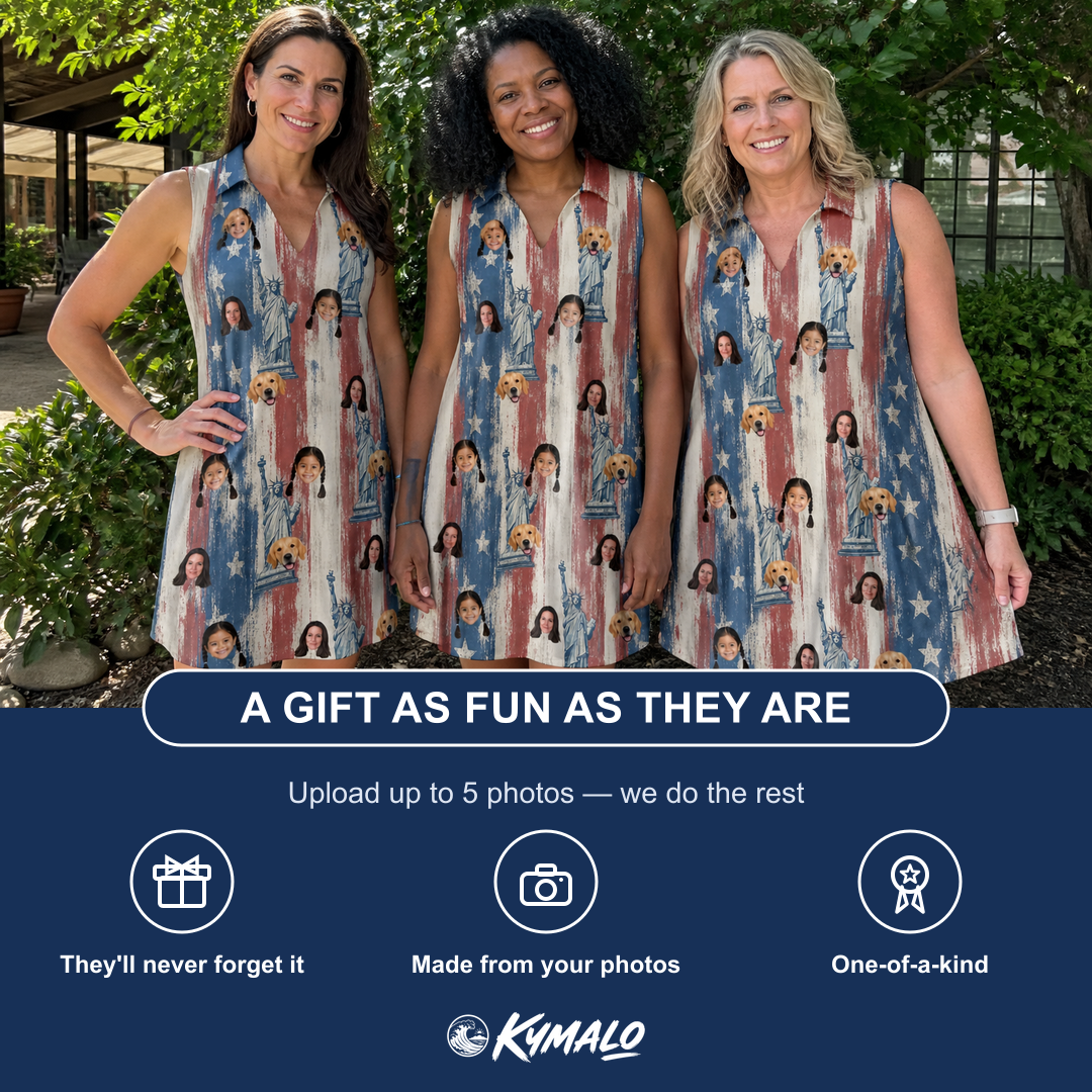 Friends in matching Women's Copper Colossus Custom Face V-Neck Dress — a group gift photo
