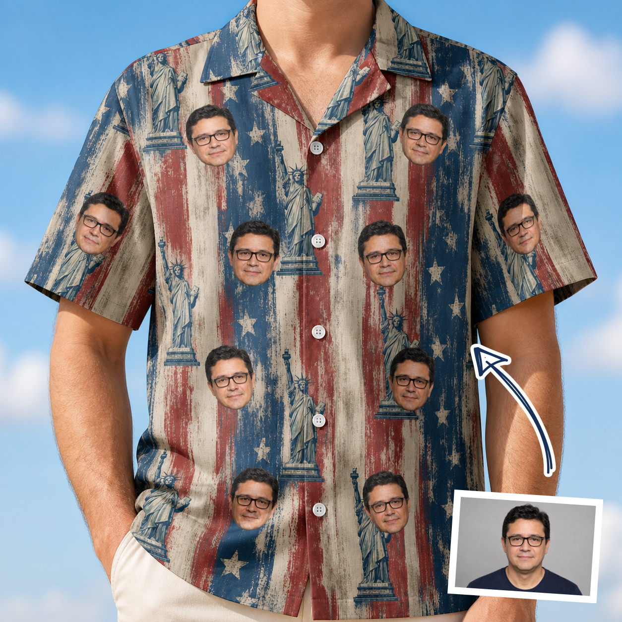 Man wearing Men's Copper Colossus Custom Face Hawaiian Shirt — custom faces printed all-over