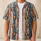 Man wearing Men's Copper Colossus Custom Face Hawaiian Shirt open over a white tee