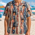 Model wearing Men's Copper Colossus Custom Face Hawaiian Shirt printed with kids' faces