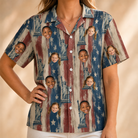Model wearing Women's Copper Colossus Custom Face Hawaiian Shirt printed with kids' faces