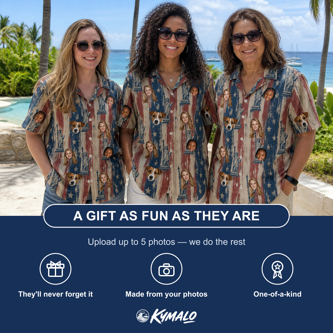 Friends in matching Women's Copper Colossus Custom Face Hawaiian Shirt — a group gift photo