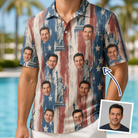 Man wearing Men's Copper Colossus Custom Face Polo Shirt — custom faces printed all-over