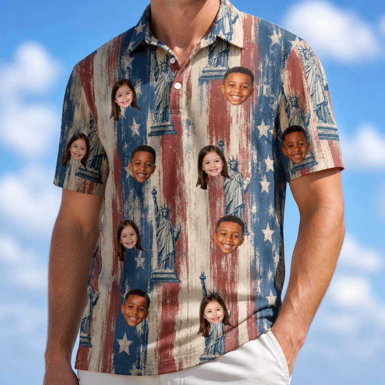 Model wearing Men's Copper Colossus Custom Face Polo Shirt printed with kids' faces