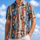 Model wearing Men's Copper Colossus Custom Face Polo Shirt printed with kids' faces