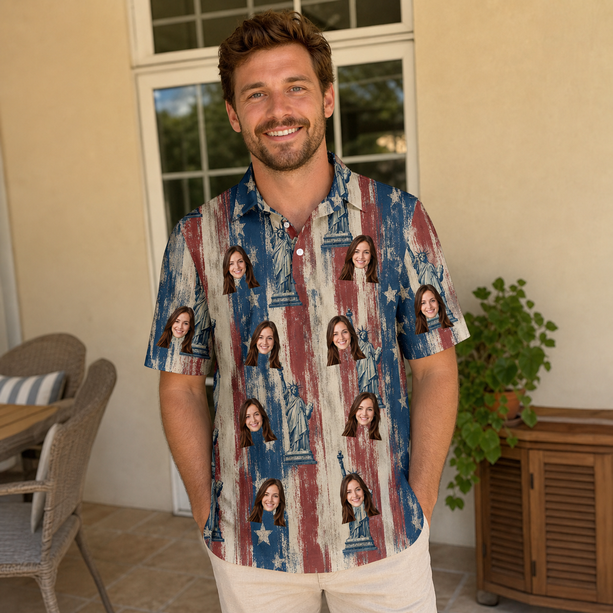 Real-life photo of someone wearing Men's Copper Colossus Custom Face Polo Shirt — custom faces printed all-over
