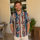 Real-life photo of someone wearing Men's Copper Colossus Custom Face Polo Shirt — custom faces printed all-over
