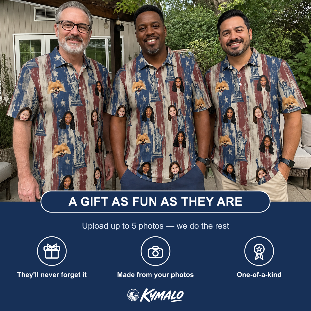 Friends in matching Men's Copper Colossus Custom Face Polo Shirt — a group gift photo