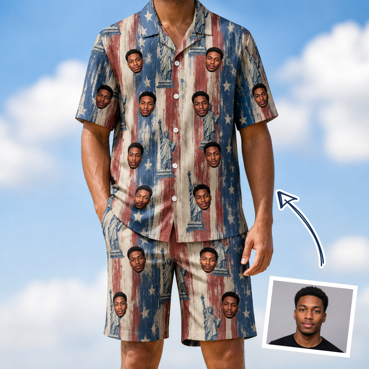 Man wearing Men's Copper Colossus Custom Face Shirt & Shorts Set — custom faces printed all-over