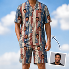 Man wearing Men's Copper Colossus Custom Face Shirt & Shorts Set — custom faces printed all-over