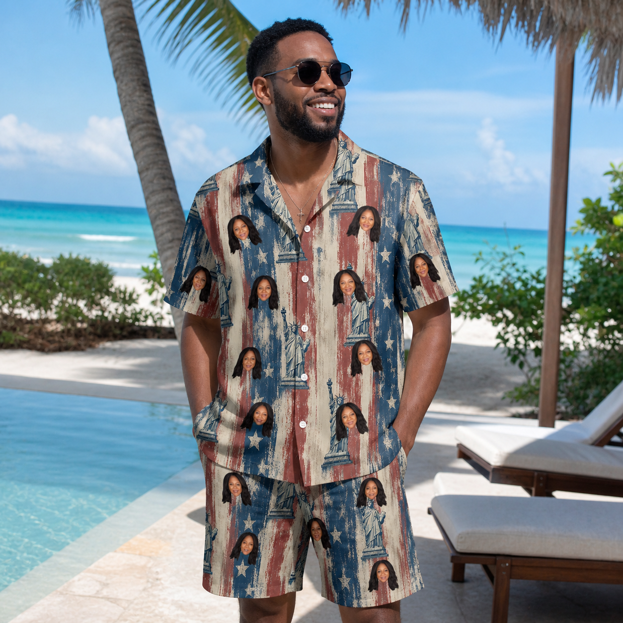 Real-life photo of someone wearing Men's Copper Colossus Custom Face Shirt & Shorts Set — custom faces printed all-over