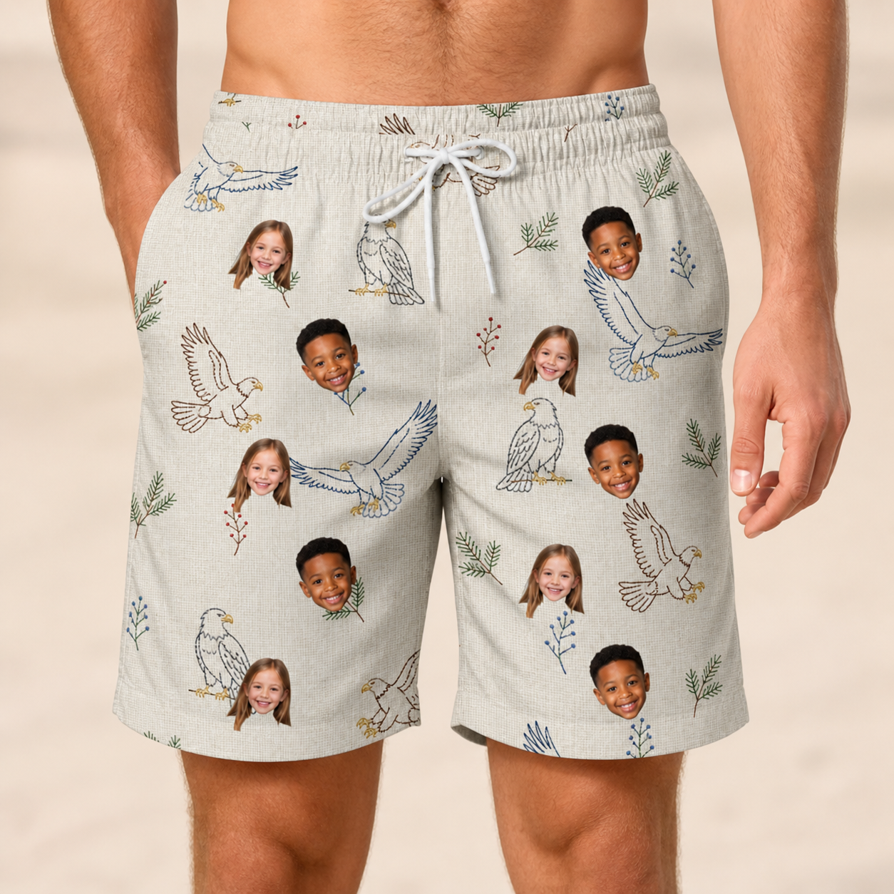 Model wearing Men's Talon Toast Custom Face Beach Shorts printed with kids' faces