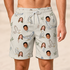 Model wearing Men's Talon Toast Custom Face Beach Shorts printed with kids' faces
