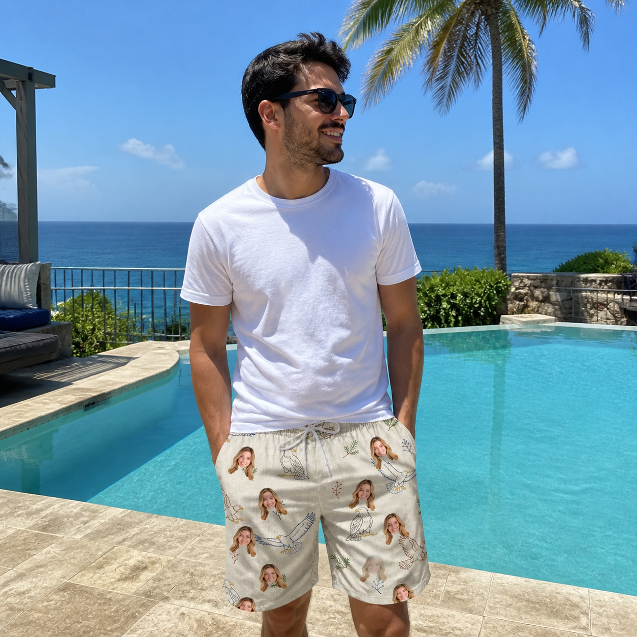 Real-life photo of someone wearing Men's Talon Toast Custom Face Beach Shorts — custom faces printed all-over